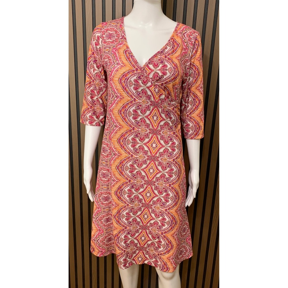 Prana Women's Pink Orange Paisley Faux Wrap Breathe Dress 3/4 Sleeve Medium
